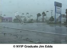 Note the debris flying around during the hurricane